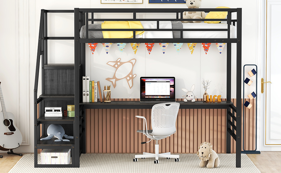 Full Size Metal Loft Bed with Desk, Storage Staircase and Small Wardrobe, Storage stairs can be installed left and right,Black - Image 21