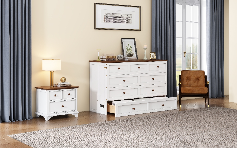 Solid Pine Murphy Bed Chest with Charging Station and Large Storage Drawer for Home Office or Small Room , Queen, White+Walnut - Image 2
