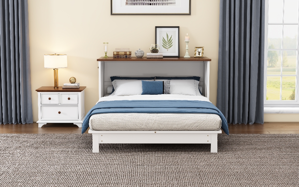 Solid Pine Murphy Bed Chest with Charging Station and Large Storage Drawer for Home Office or Small Room , Queen, White+Walnut - Image 12