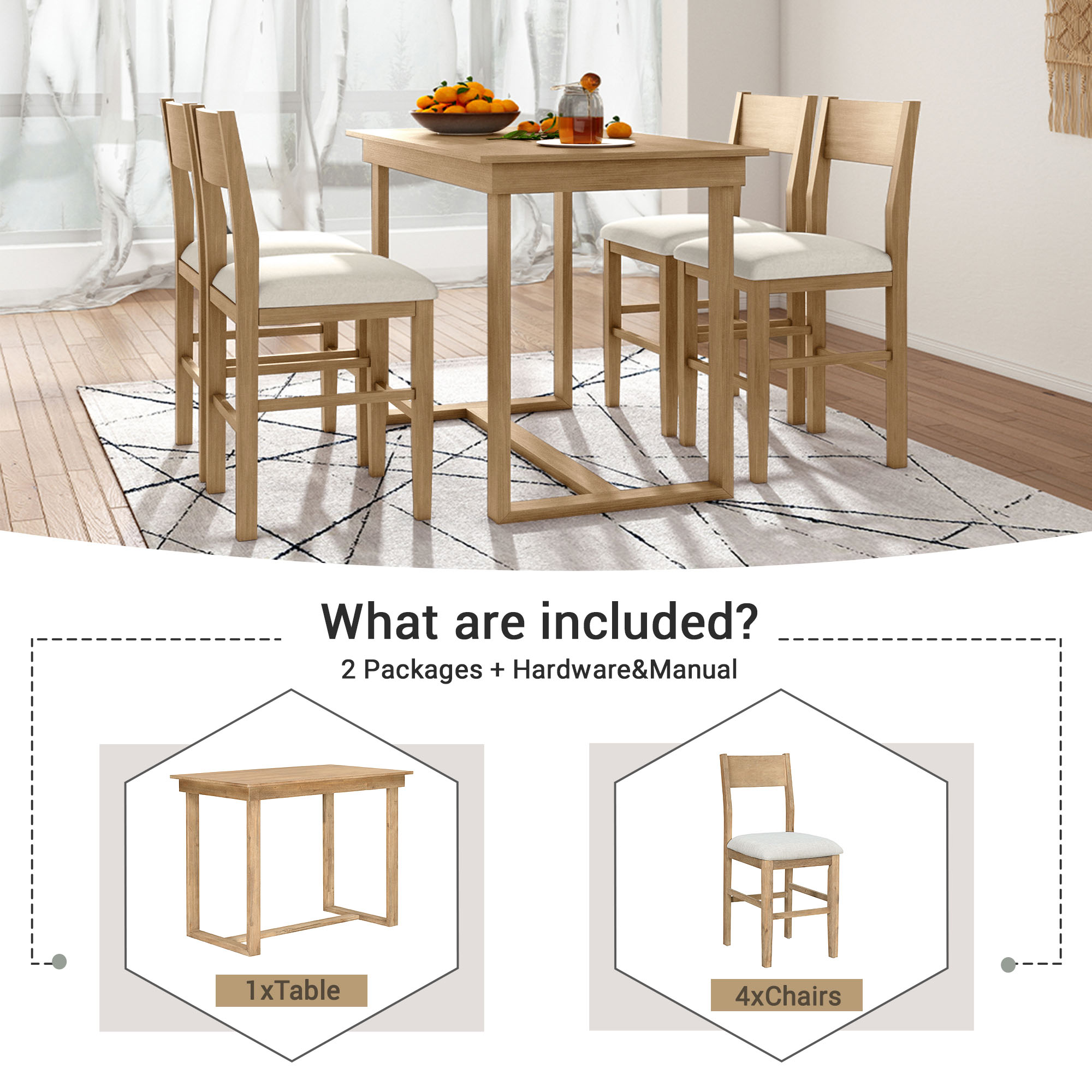 TOPMAX farmhouse countertop height 5-piece dining table set with 1 rectangular dining table and 4 brown dining chairs - Image 22