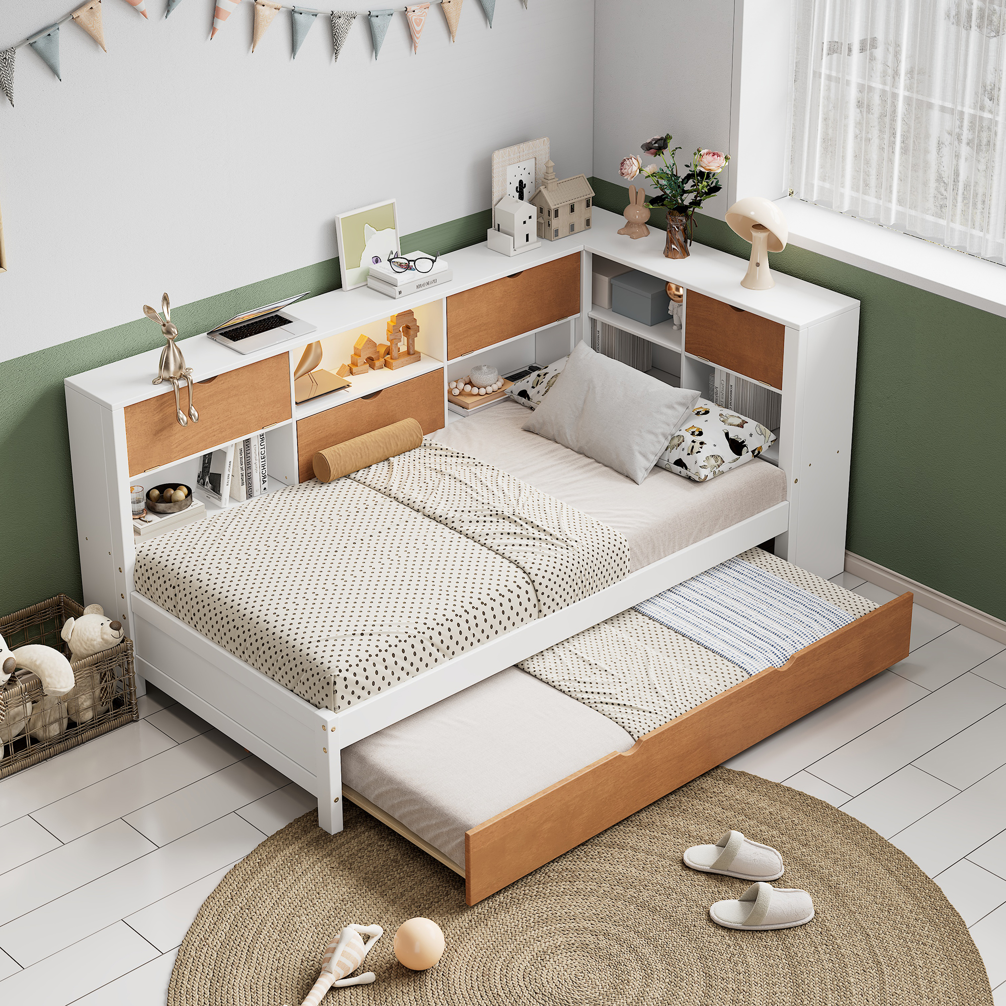 L-shaped bed frame with luggage and bookshelf, corner bed wooden captain's bed LED tube light and USB port walnut and white - Image 5