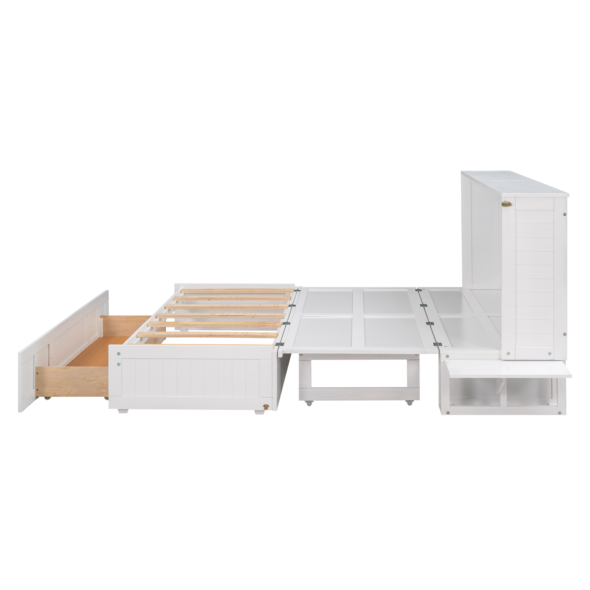 Queen Size Mobile Murphy Bed with Drawer and Little Shelves on Each Side White - Image 10