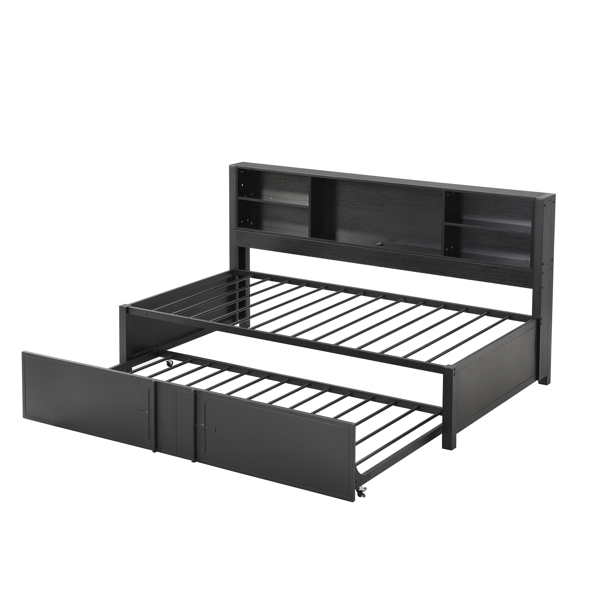 Metal Twin Size Daybed with Twin Size Trundle Storage Shelves and USB Ports Black - Image 11