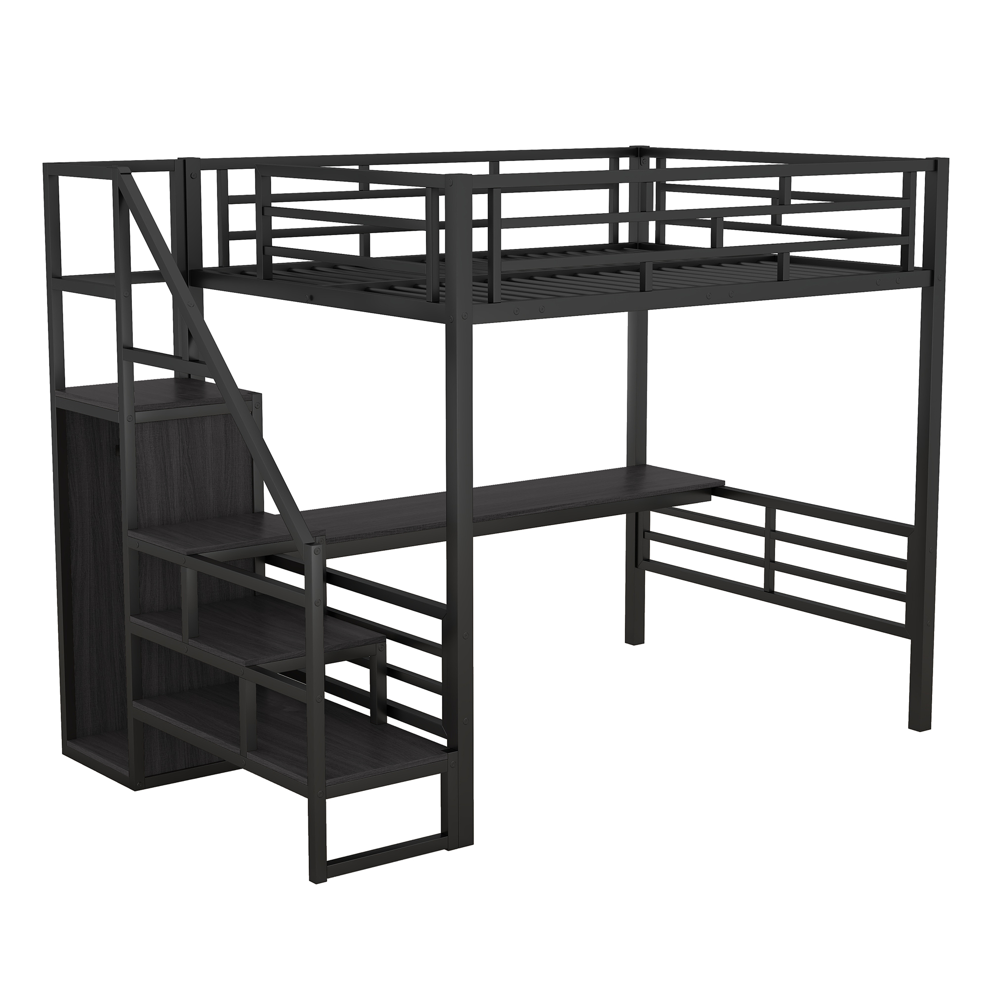 Full Size Metal Loft Bed with Desk, Storage Staircase and Small Wardrobe, Storage stairs can be installed left and right,Black - Image 7