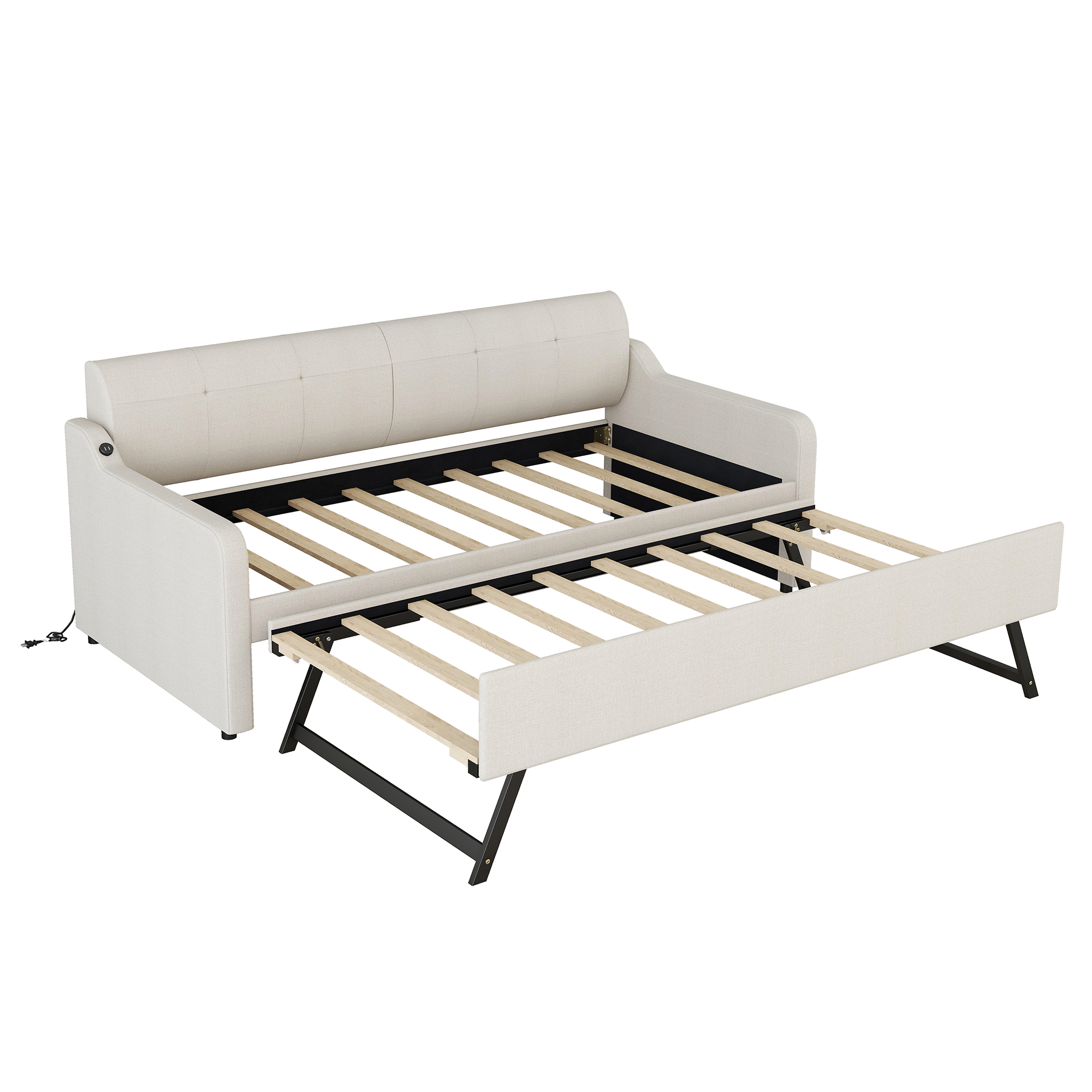 Twin Size Upholstery Daybed with Trundle and USB Charging Design Trundle can be flat or erected Beige - Image 5