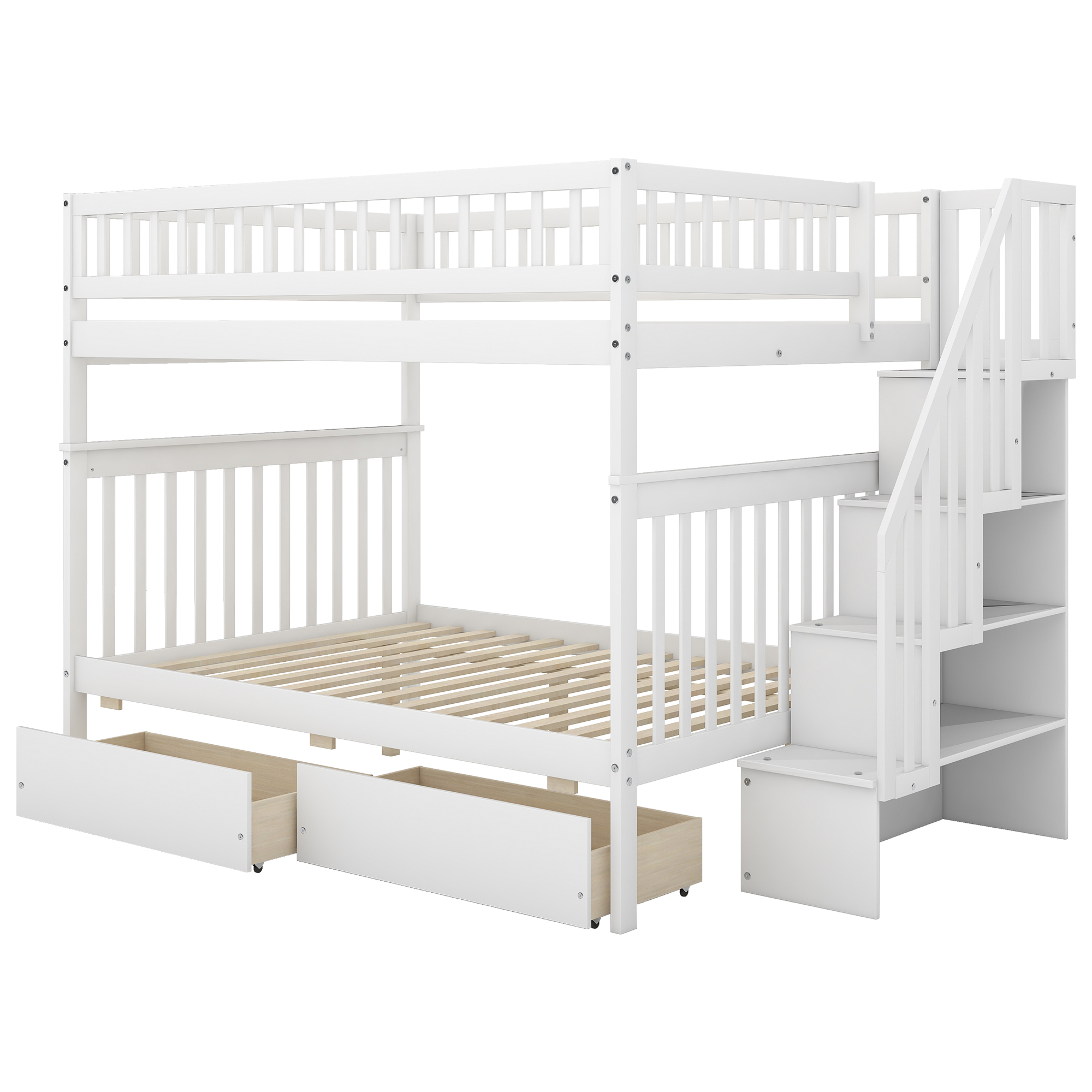 Full over Full Bunk Bed with Two Drawers and Storage White - Image 5