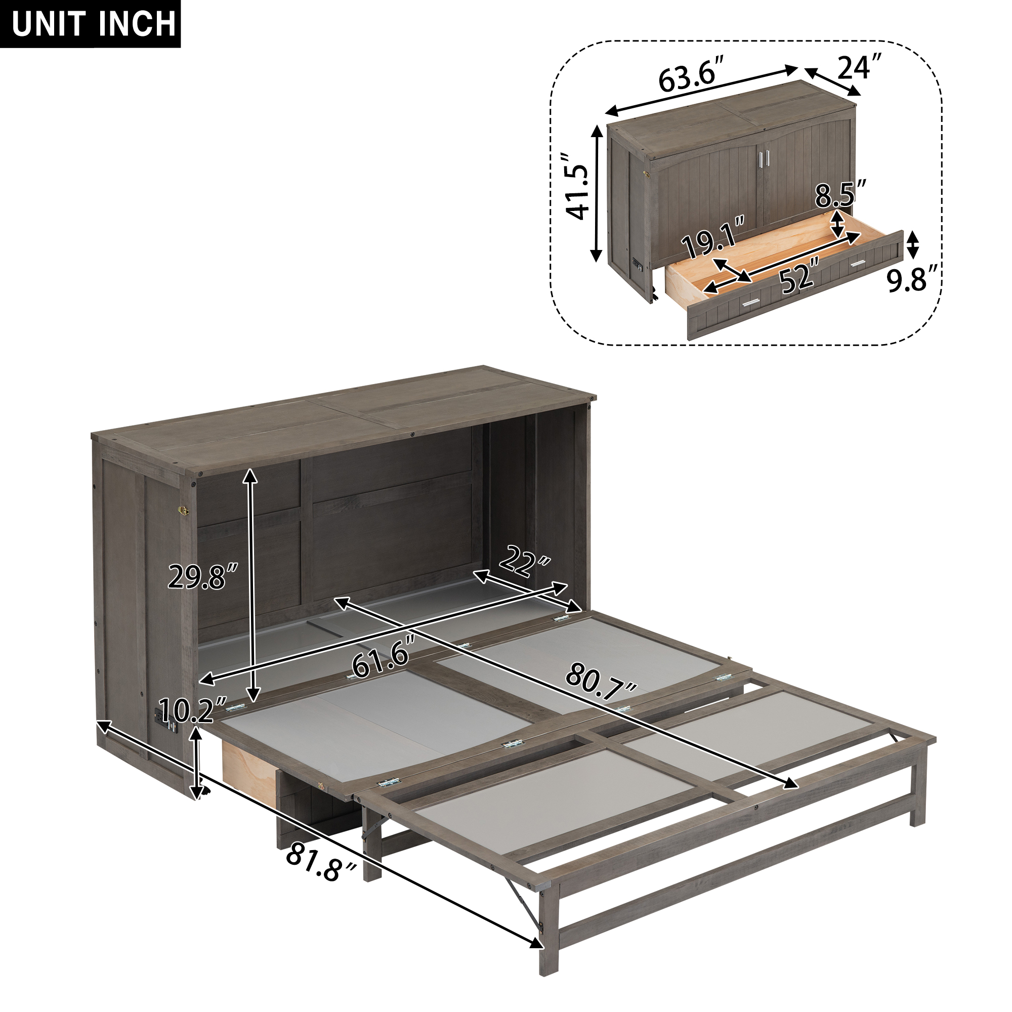 Queen Size Murphy Bed with Built-In Charging Station Antique Grey - Image 13