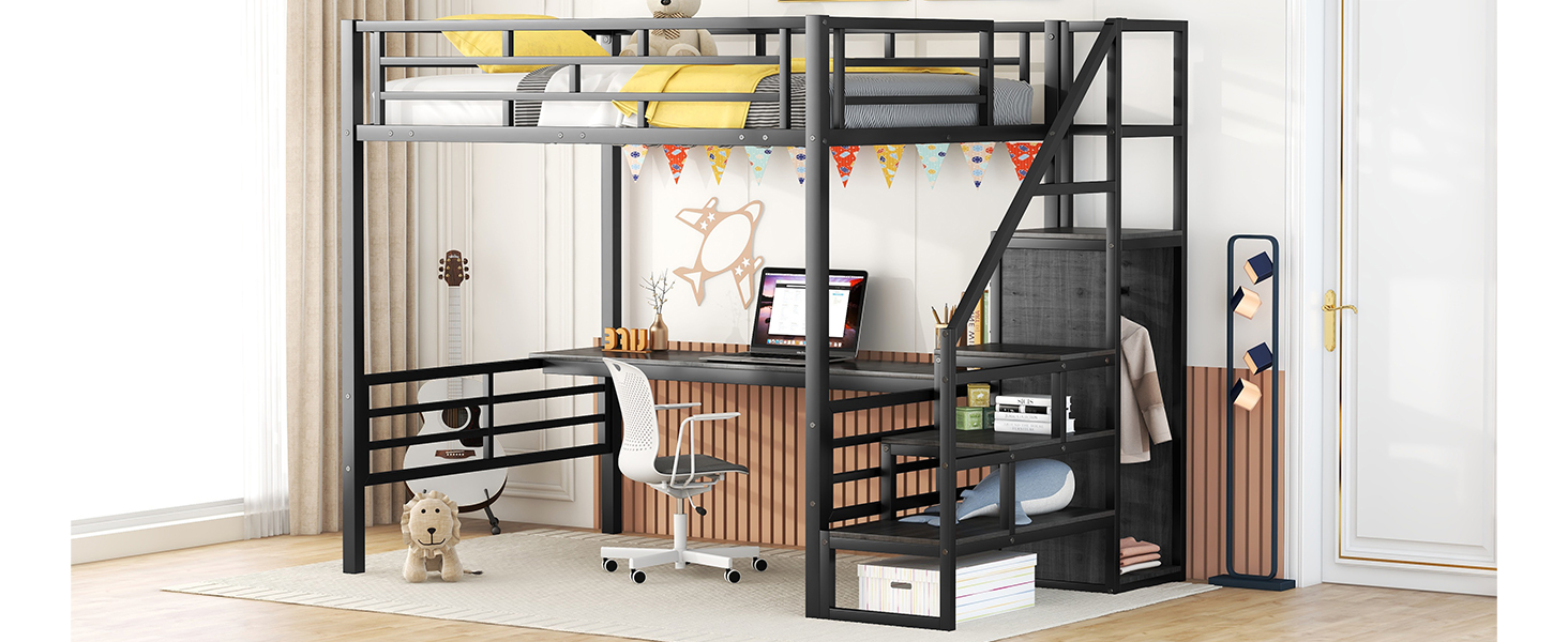 Full Size Metal Loft Bed with Desk, Storage Staircase and Small Wardrobe, Storage stairs can be installed left and right,Black - Image 19