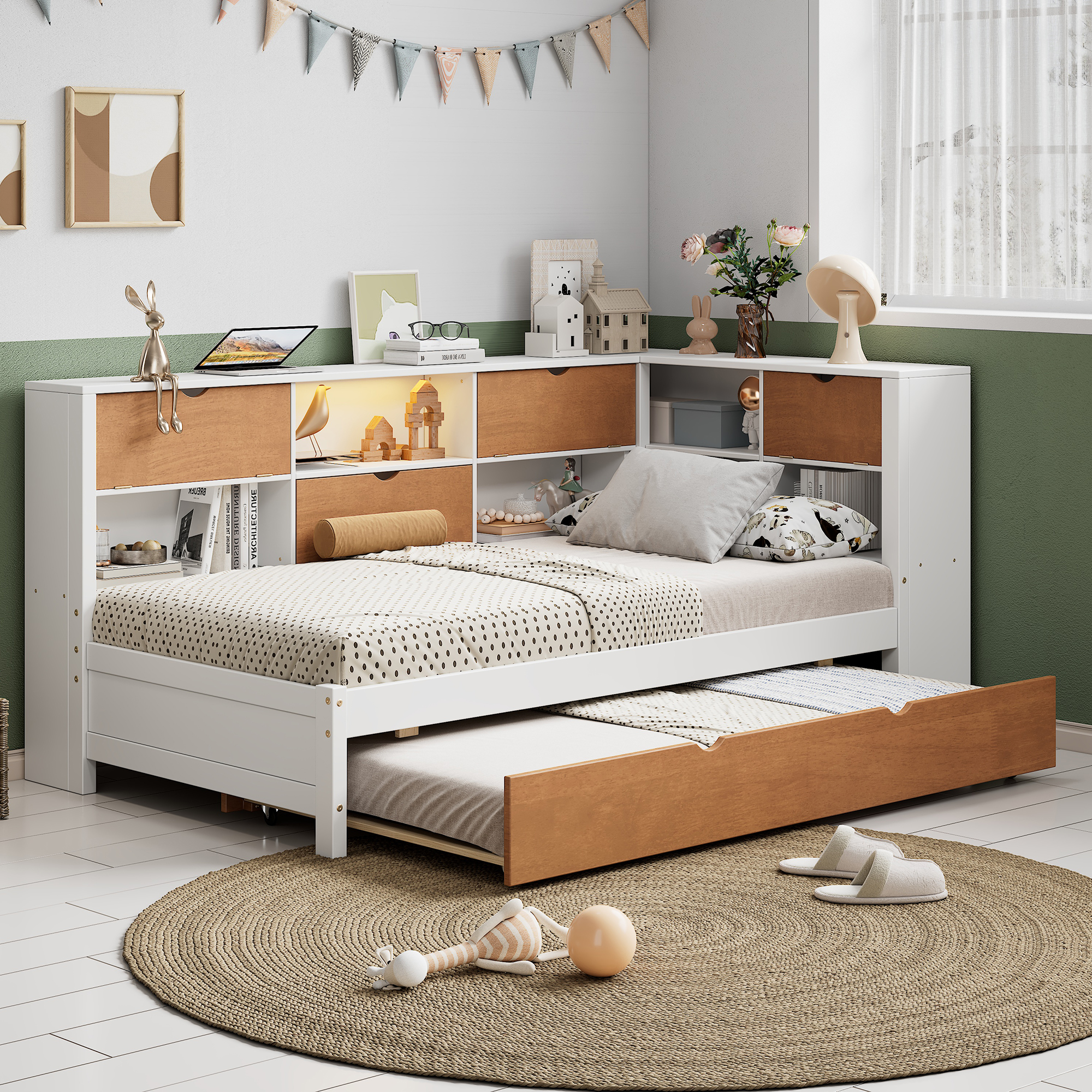 L-shaped bed frame with luggage and bookshelf, corner bed wooden captain's bed LED tube light and USB port walnut and white - Image 7