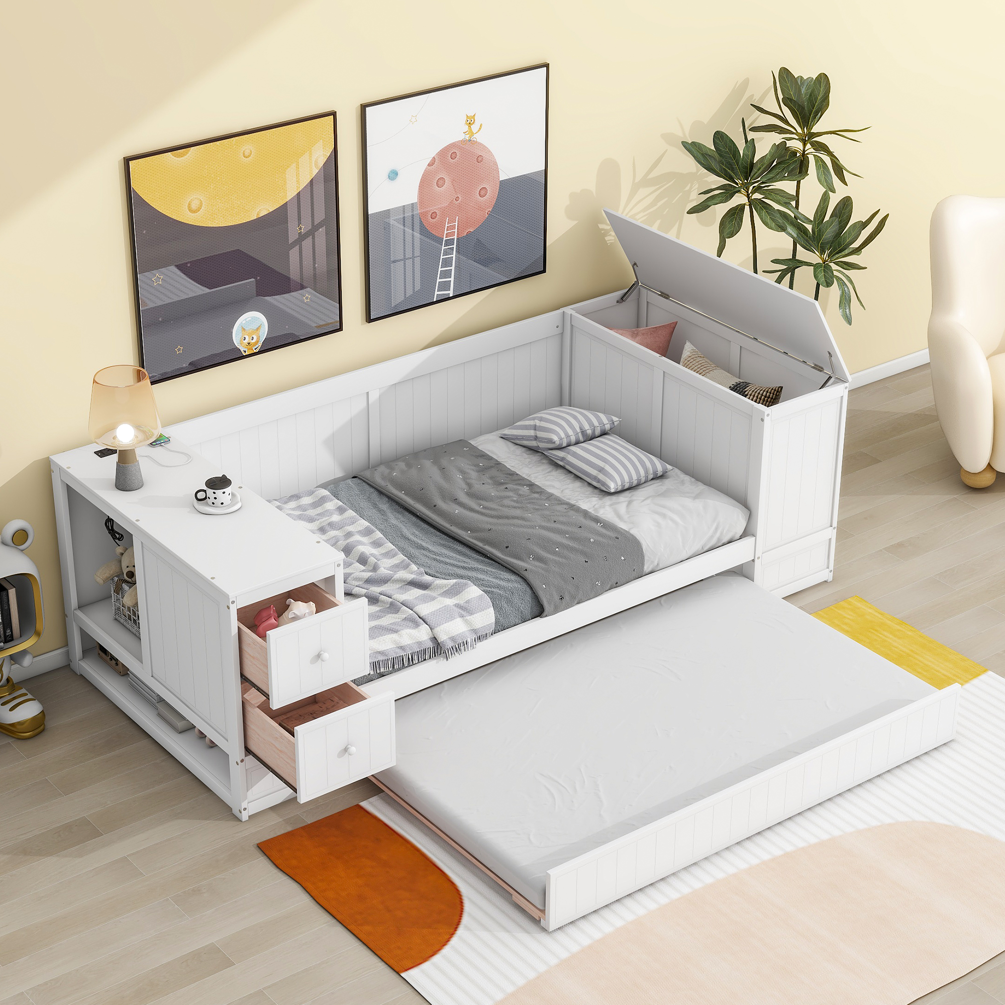 Twin Size Daybed with Storage Arms Trundle and Charging Station White - Image 7