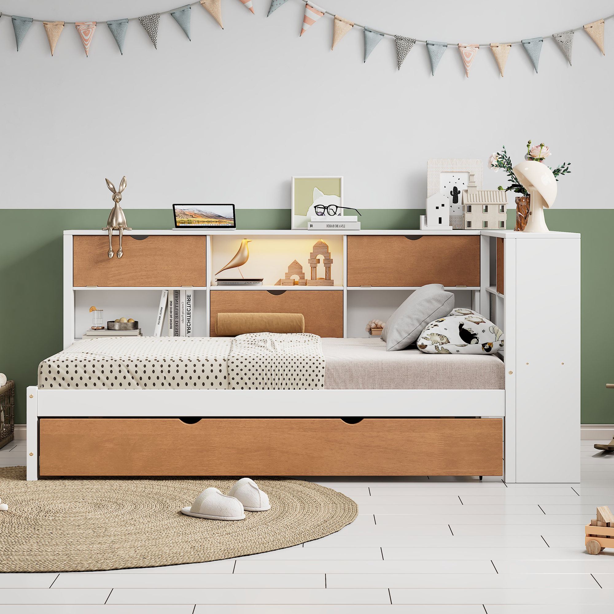 L-shaped bed frame with luggage and bookshelf, corner bed wooden captain's bed LED tube light and USB port walnut and white - Image 2