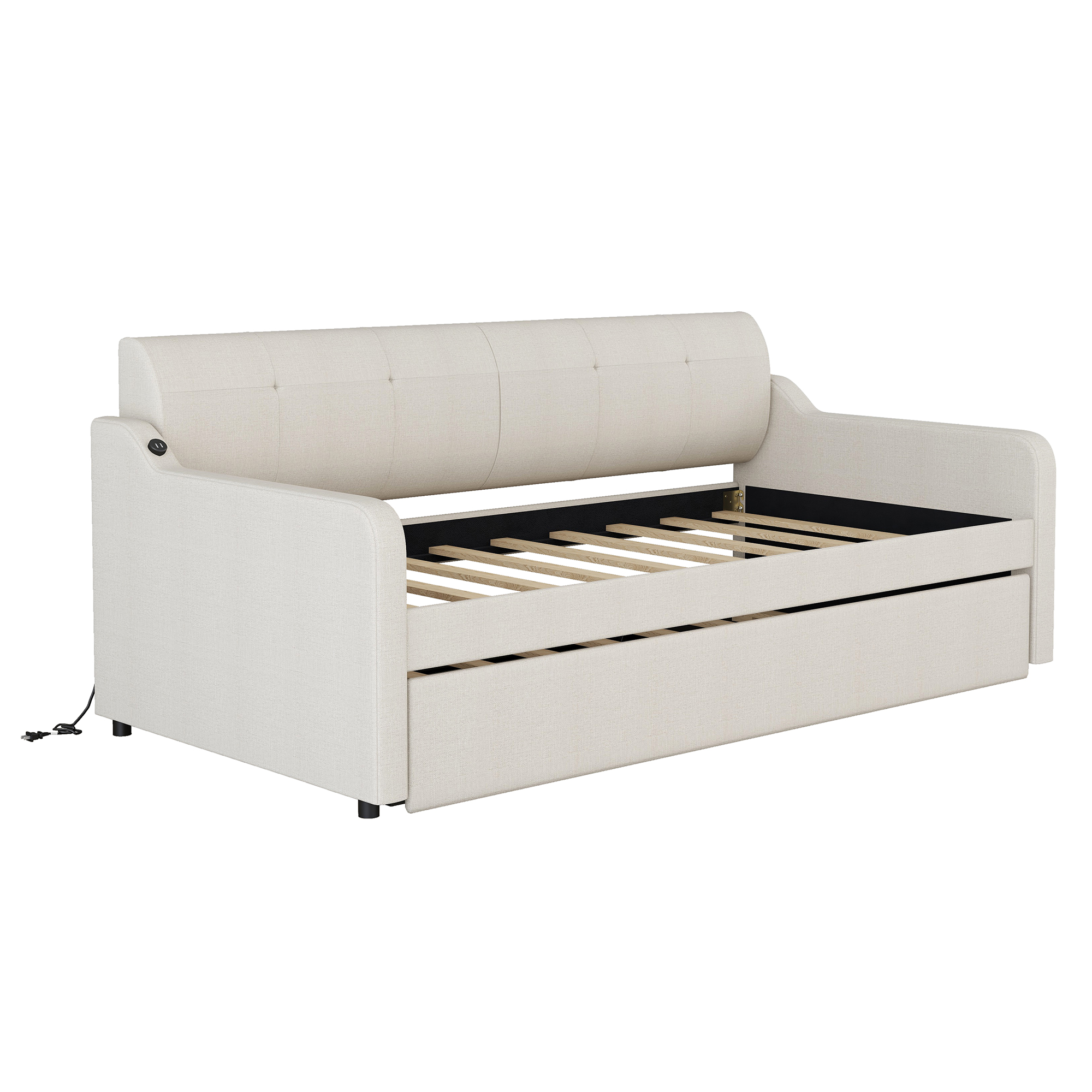 Twin Size Upholstery Daybed with Trundle and USB Charging Design Trundle can be flat or erected Beige - Image 4