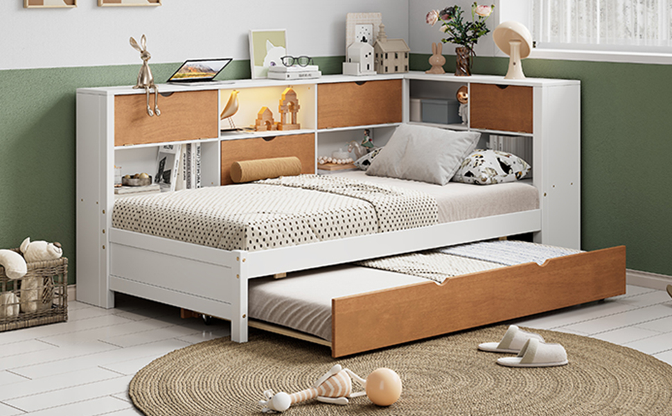 L-shaped bed frame with luggage and bookshelf, corner bed wooden captain's bed LED tube light and USB port walnut and white - Image 16