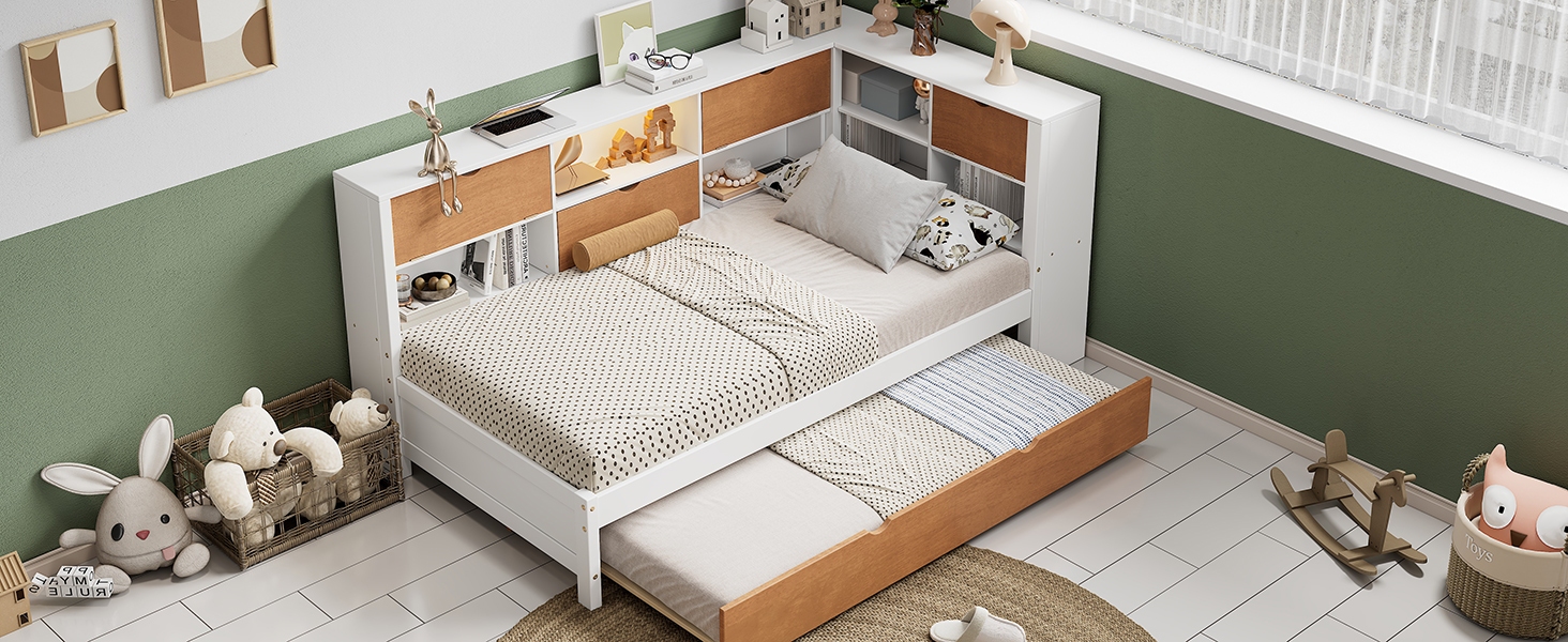 L-shaped bed frame with luggage and bookshelf, corner bed wooden captain's bed LED tube light and USB port walnut and white - Image 19