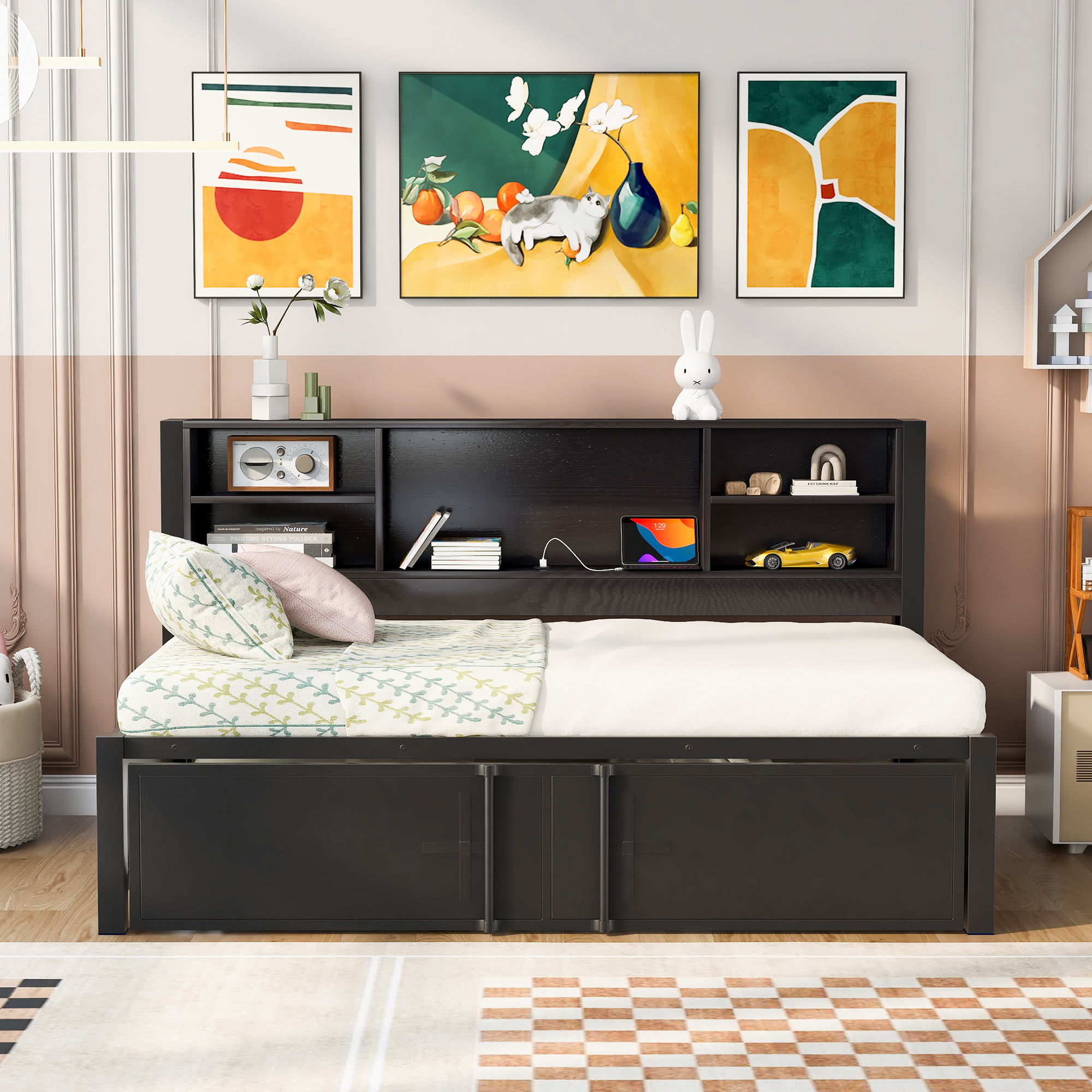 Metal Twin Size Daybed with Twin Size Trundle Storage Shelves and USB Ports Black - Image 6