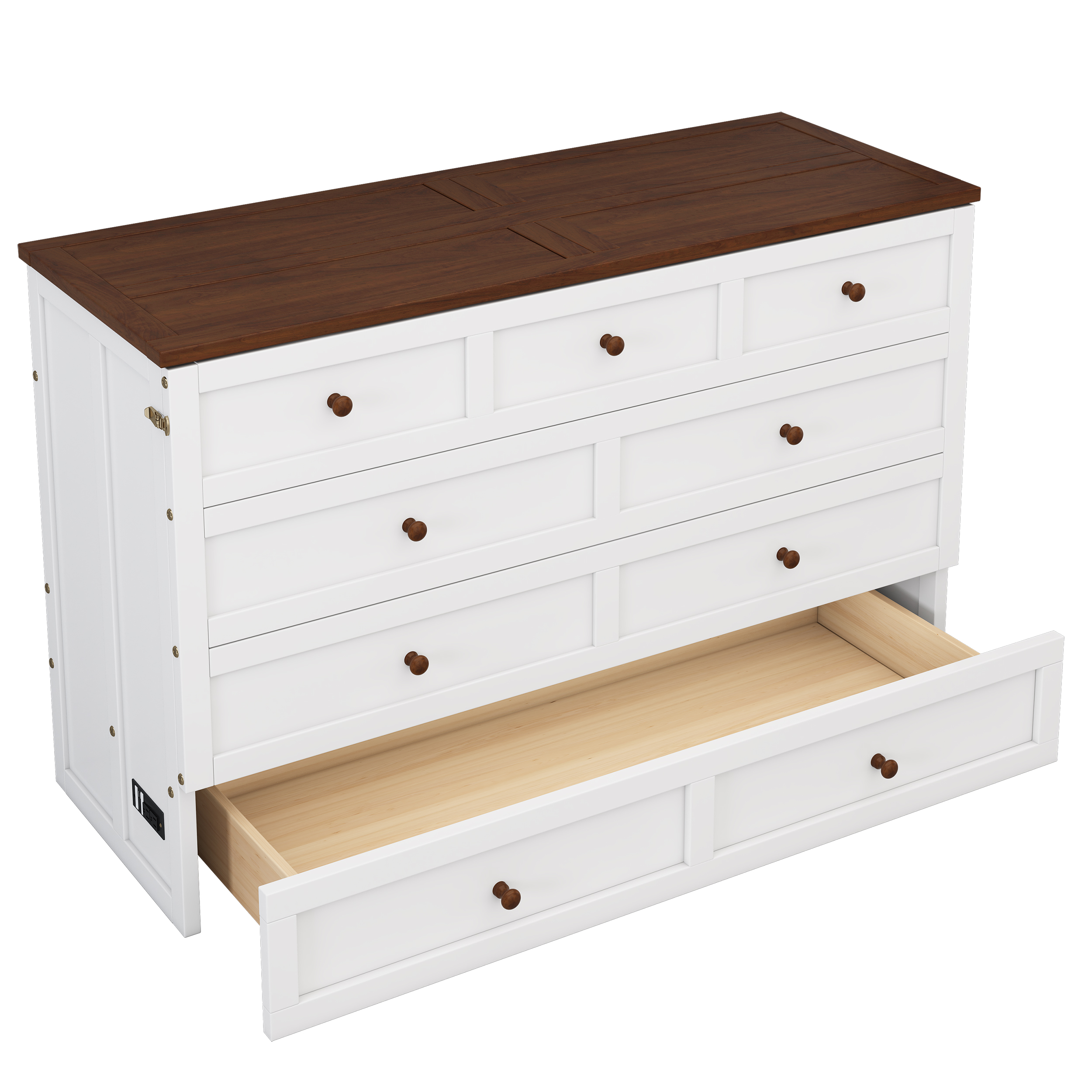 Solid Pine Murphy Bed Chest with Charging Station and Large Storage Drawer for Home Office or Small Room , Queen, White+Walnut - Image 16
