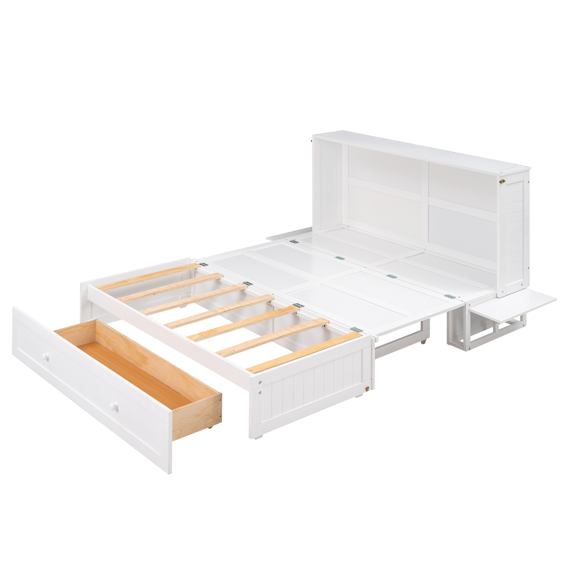 Queen Size Mobile Murphy Bed with Drawer and Little Shelves on Each Side White - Image 2