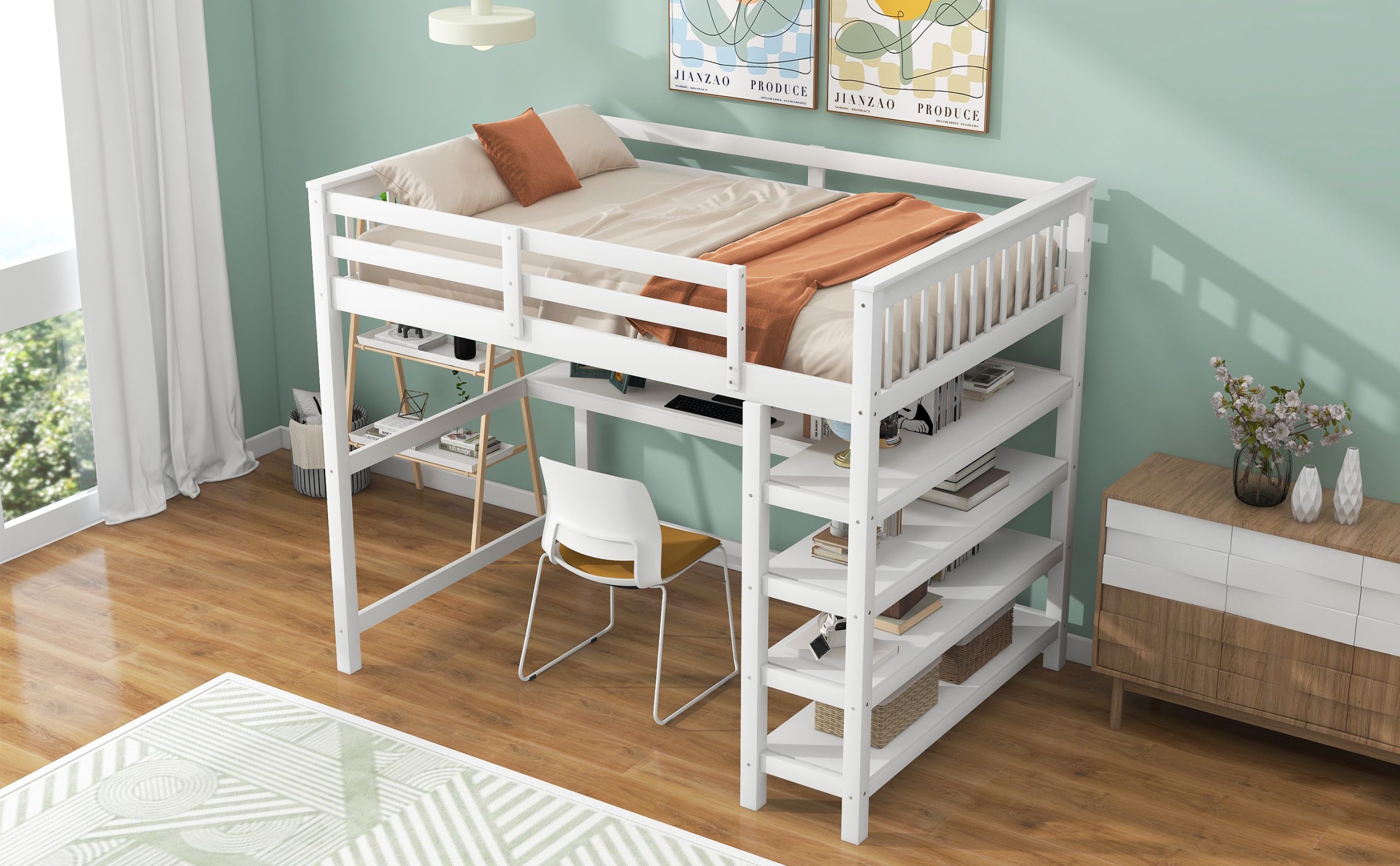 Full Size Loft Bed with Storage Shelves and Under-bed Desk White - Image 6