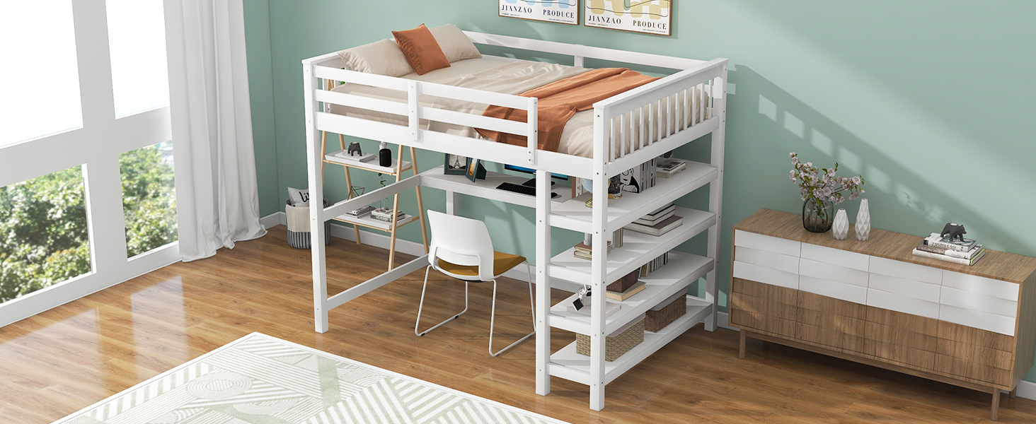 Full Size Loft Bed with Storage Shelves and Under-bed Desk White - Image 10
