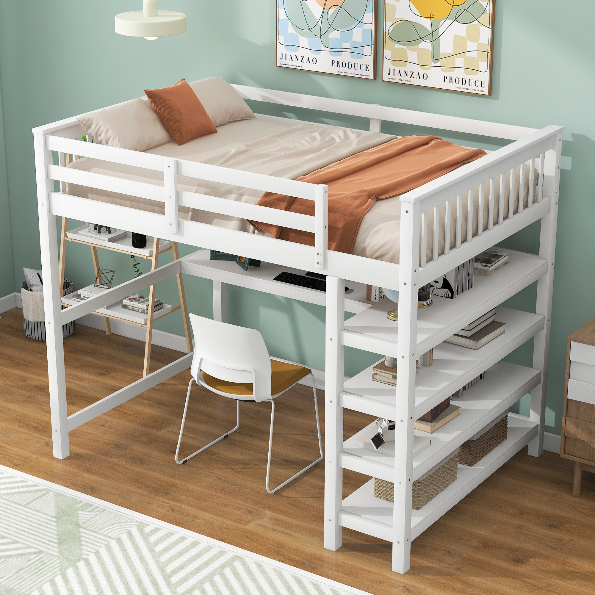 Full Size Loft Bed with Storage Shelves and Under-bed Desk White - Image 2