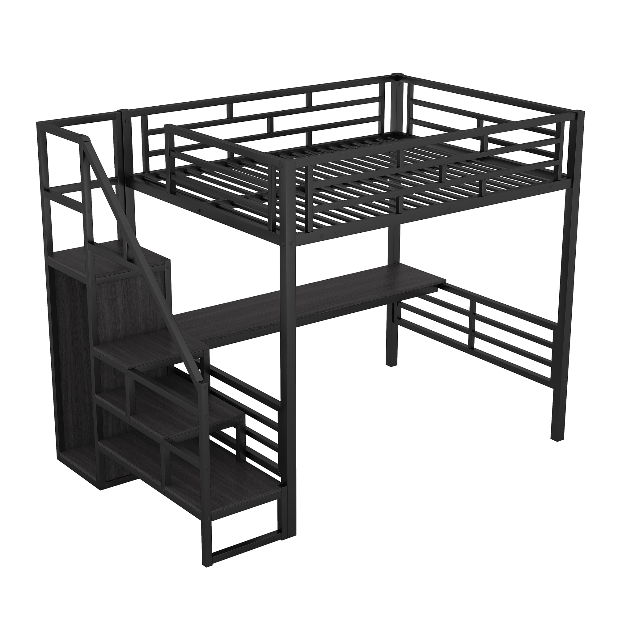 Full Size Metal Loft Bed with Desk, Storage Staircase and Small Wardrobe, Storage stairs can be installed left and right,Black - Image 12