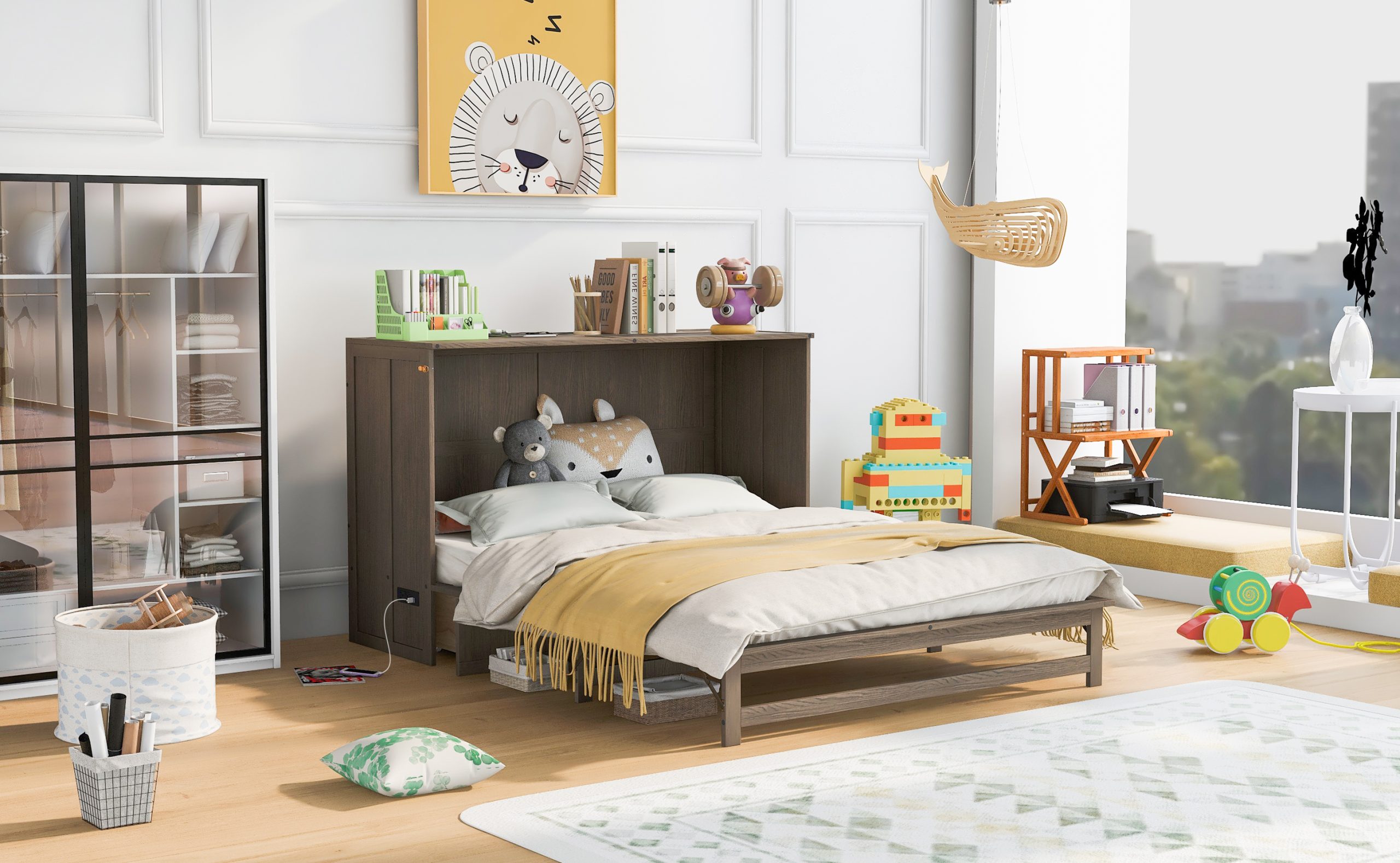 Queen Size Murphy Bed with Built-In Charging Station Antique Grey - Image 7