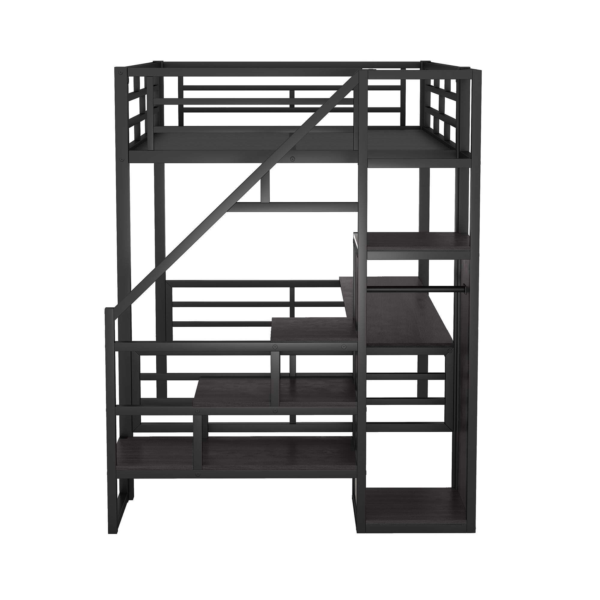 Full Size Metal Loft Bed with Desk, Storage Staircase and Small Wardrobe, Storage stairs can be installed left and right,Black - Image 10