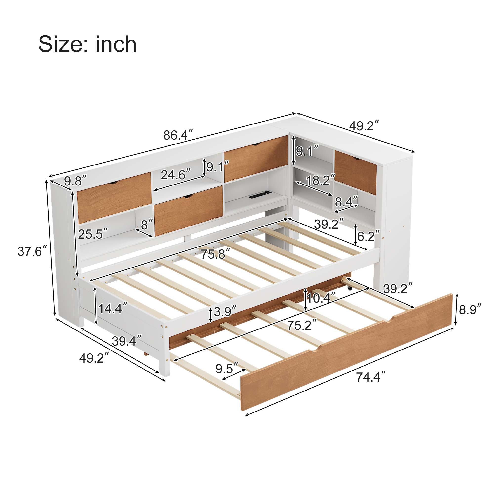 L-shaped bed frame with luggage and bookshelf, corner bed wooden captain's bed LED tube light and USB port walnut and white - Image 12