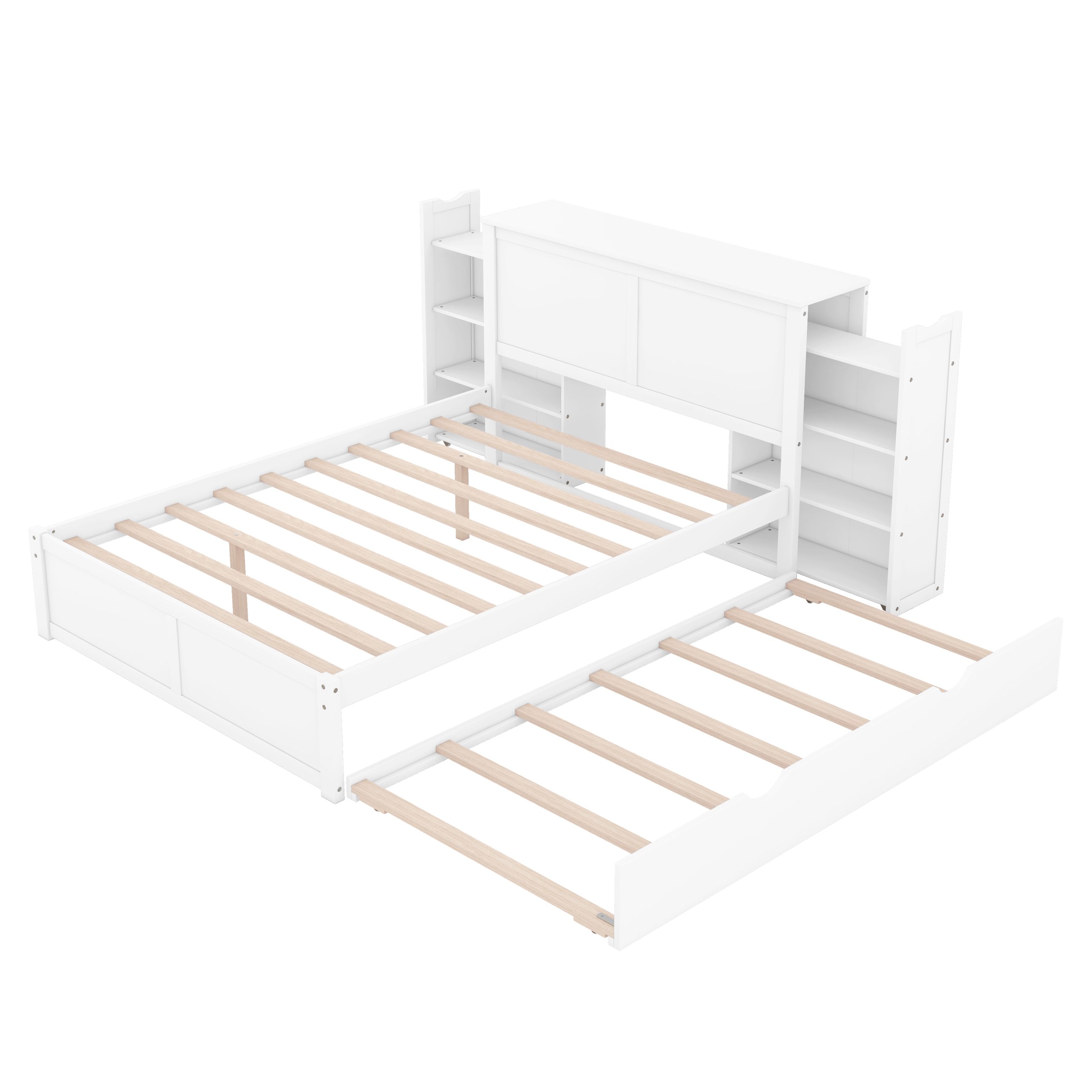 Full Size Storage Platform Bed with Pull Out Shelves and Twin Size Trundle, White - Image 8