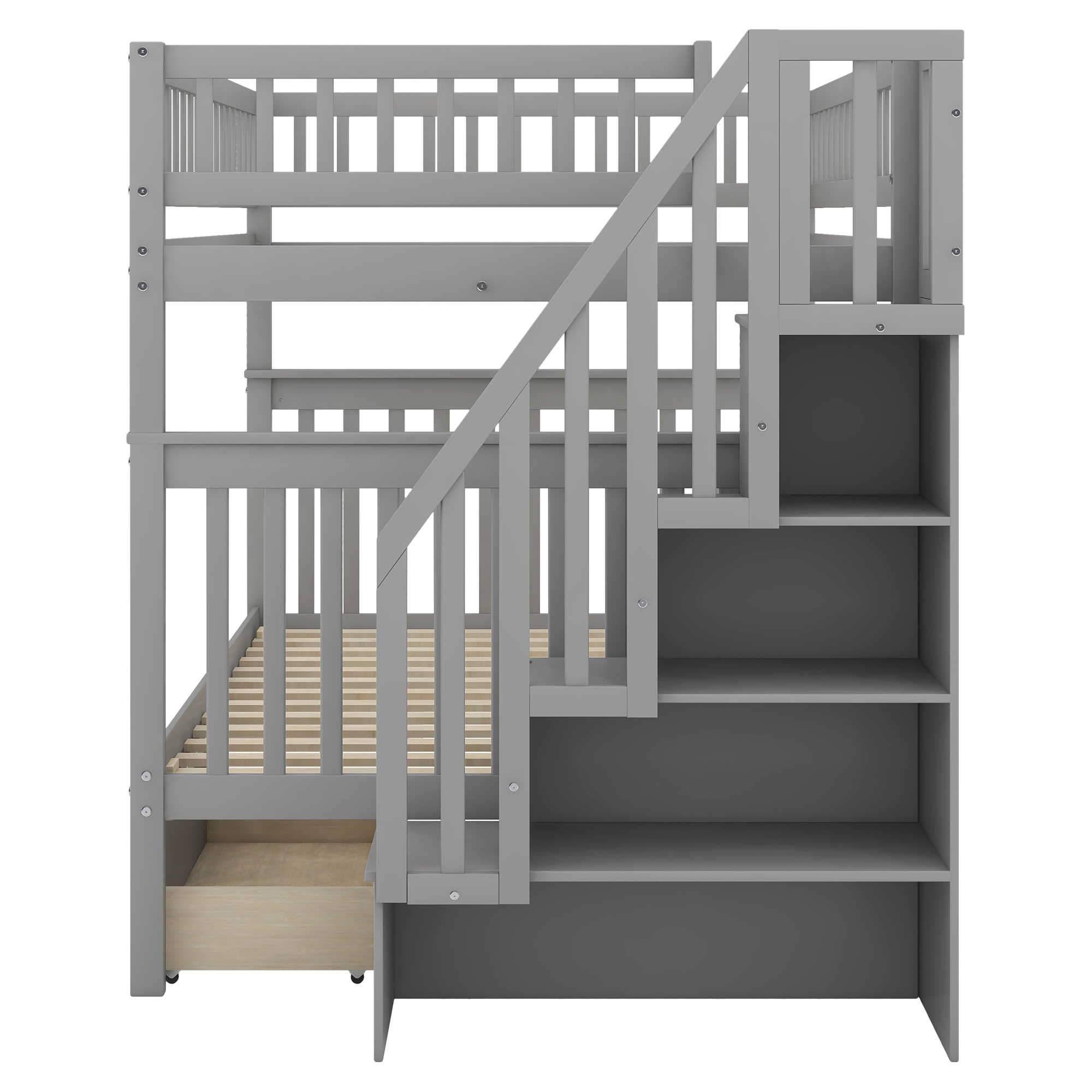 Full over Full Bunk Bed with Two Drawers and Storage, Gray - Image 8