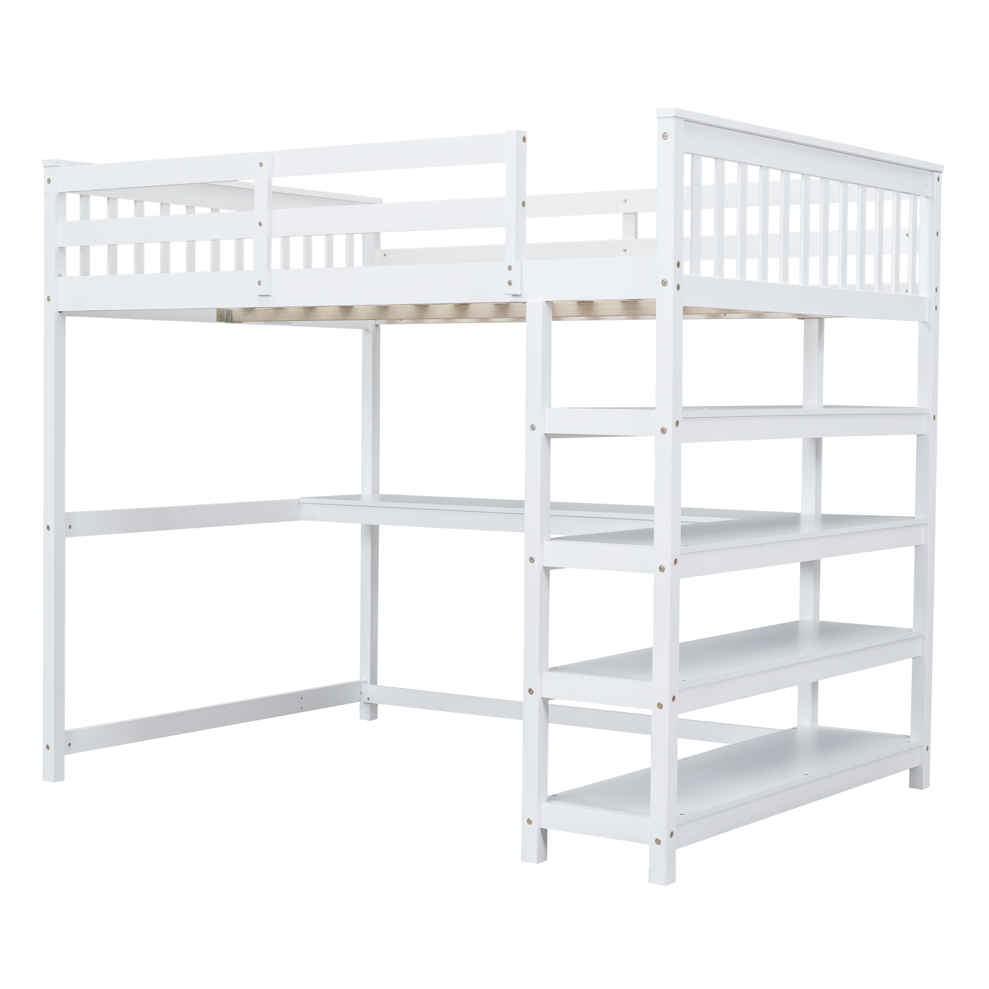 Full Size Loft Bed with Storage Shelves and Under-bed Desk White - Image 15