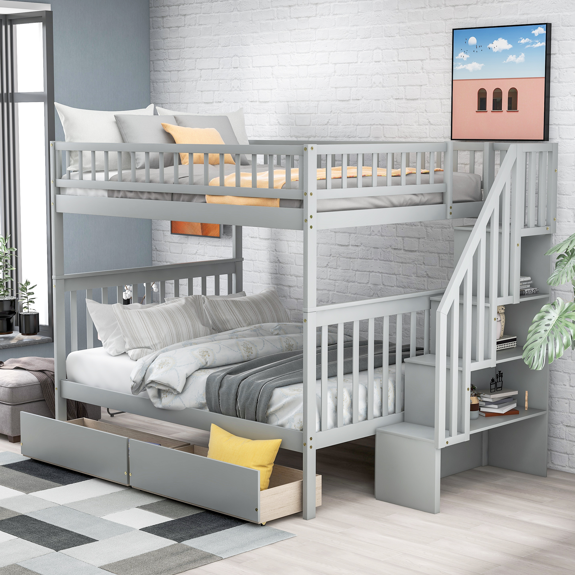 Full over Full Bunk Bed with Two Drawers and Storage, Gray - Image 9
