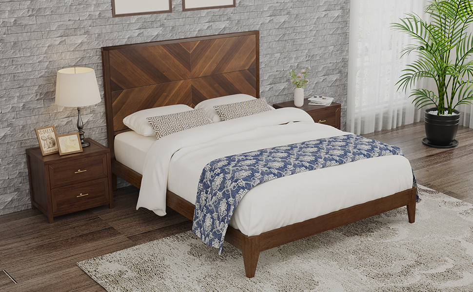 Mid-Century Modern Platform Bed Wood Slat Support with No Box Spring Needed,King Walnut - Image 20