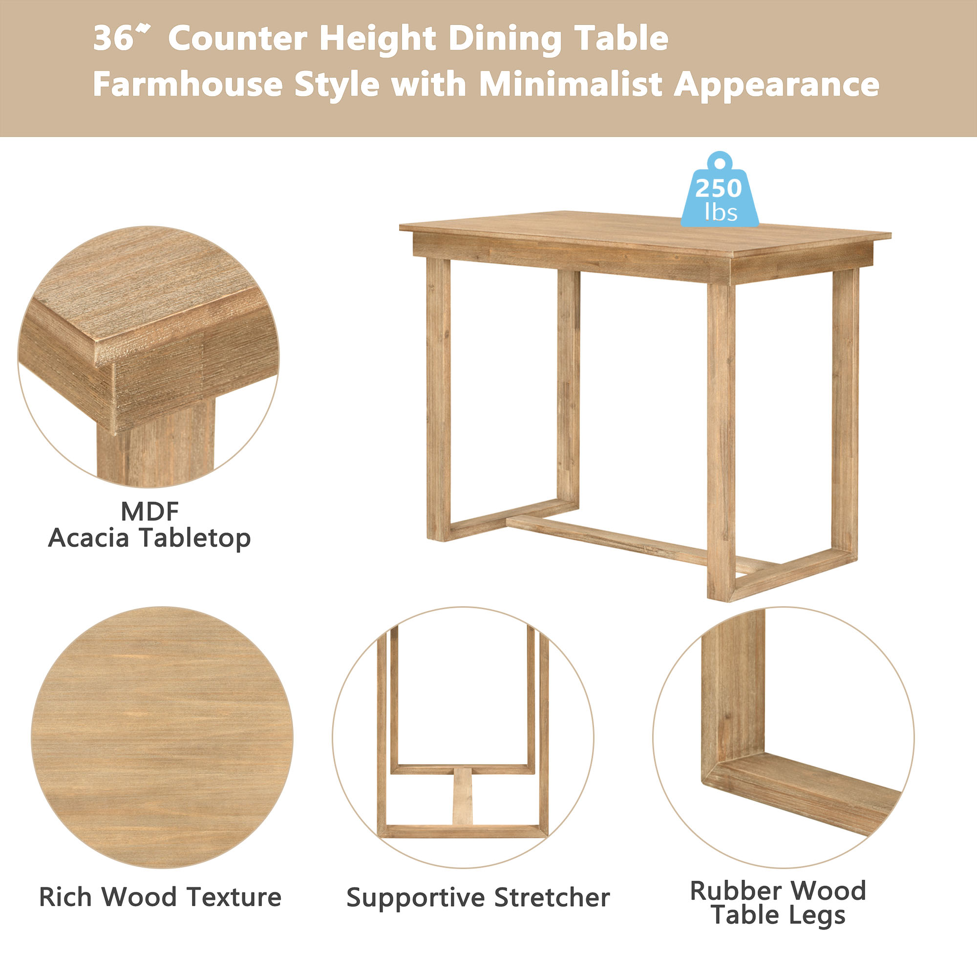 TOPMAX farmhouse countertop height 5-piece dining table set with 1 rectangular dining table and 4 brown dining chairs - Image 16