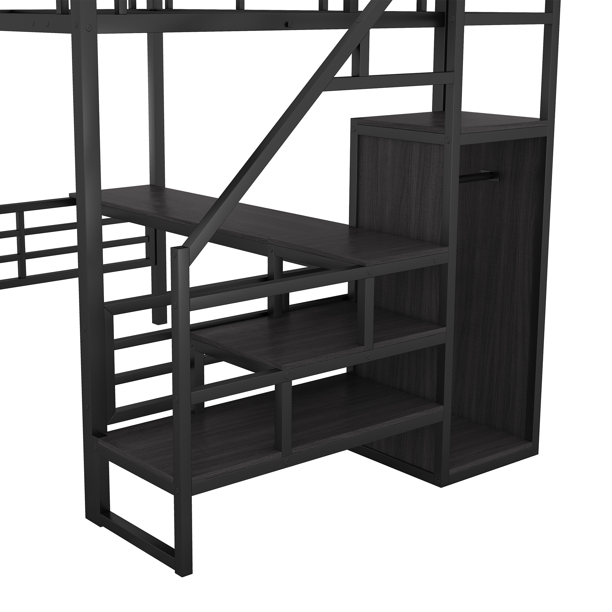 Full Size Metal Loft Bed with Desk, Storage Staircase and Small Wardrobe, Storage stairs can be installed left and right,Black - Image 9