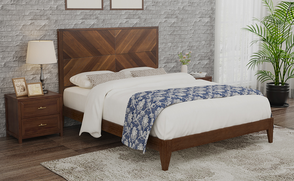 Mid-Century Modern Platform Bed Wood Slat Support with No Box Spring Needed,King Walnut - Image 11