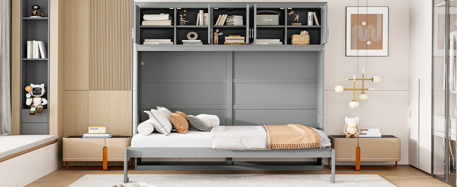 Full Size Murphy Bed Wall Bed with Top Cabinets,Gray - Image 11