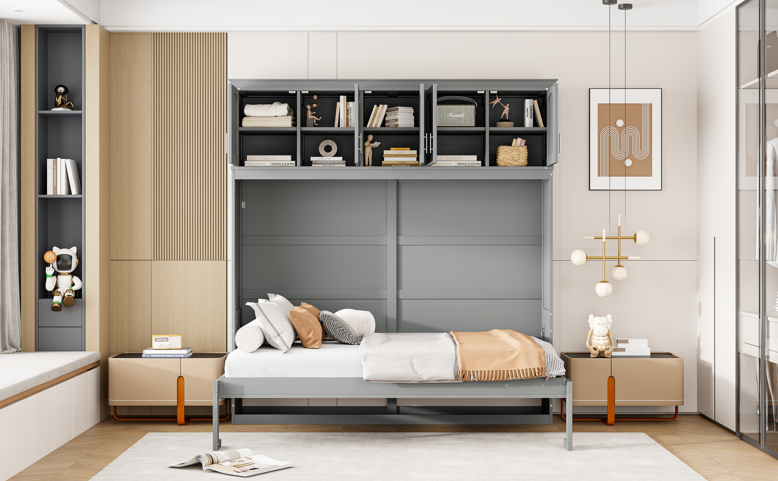 Full Size Murphy Bed Wall Bed with Top Cabinets,Gray - Image 9