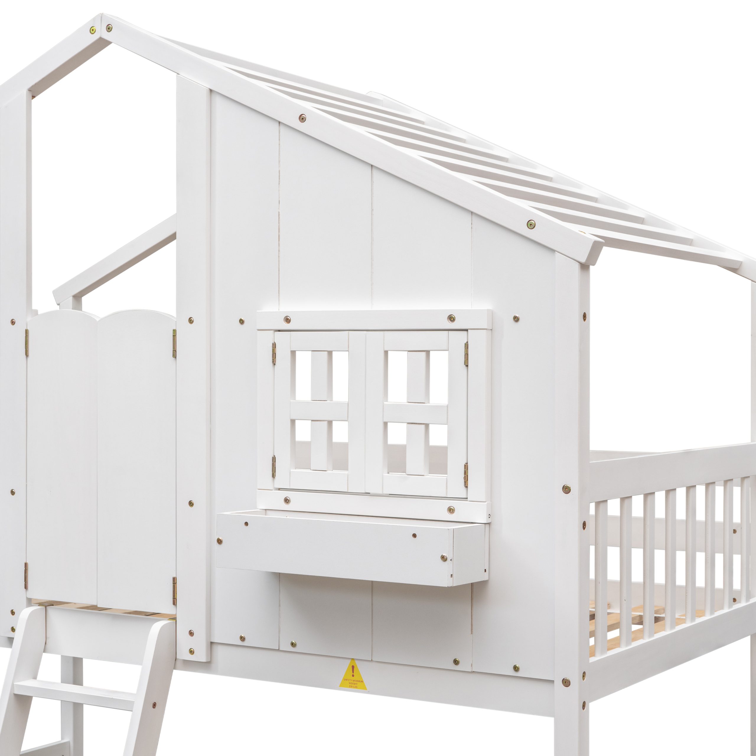 Twin over Twin House Bunk Bed with Roof , Window, Window Box, Door , with Safety Guardrails and Ladder,White - Image 7