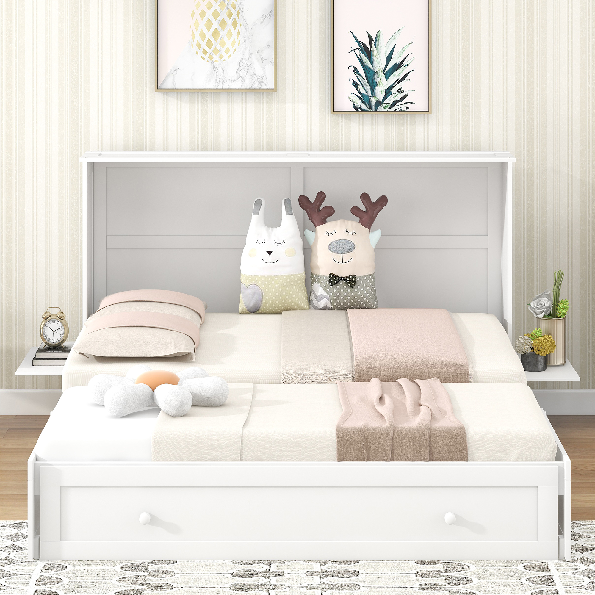 Queen Size Mobile Murphy Bed with Drawer and Little Shelves on Each Side White - Image 11