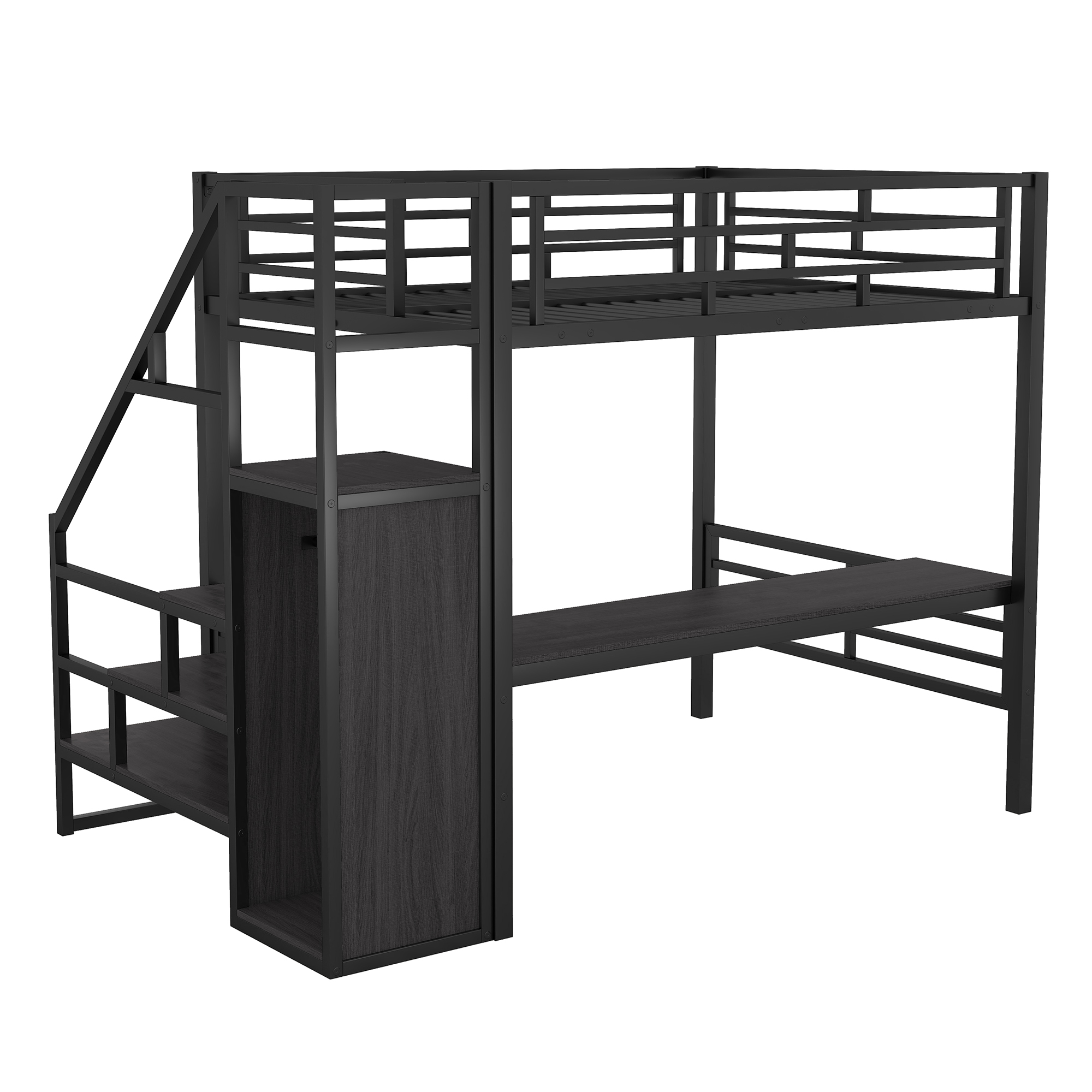Full Size Metal Loft Bed with Desk, Storage Staircase and Small Wardrobe, Storage stairs can be installed left and right,Black - Image 20