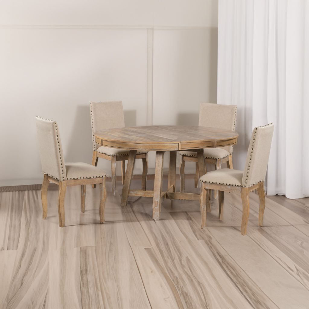 TREXM 5-Piece Farmhouse Dining Table Set Wood Round Extendable Dining Table and 4 Upholstered Dining Chairs (Natural Wood Wash)