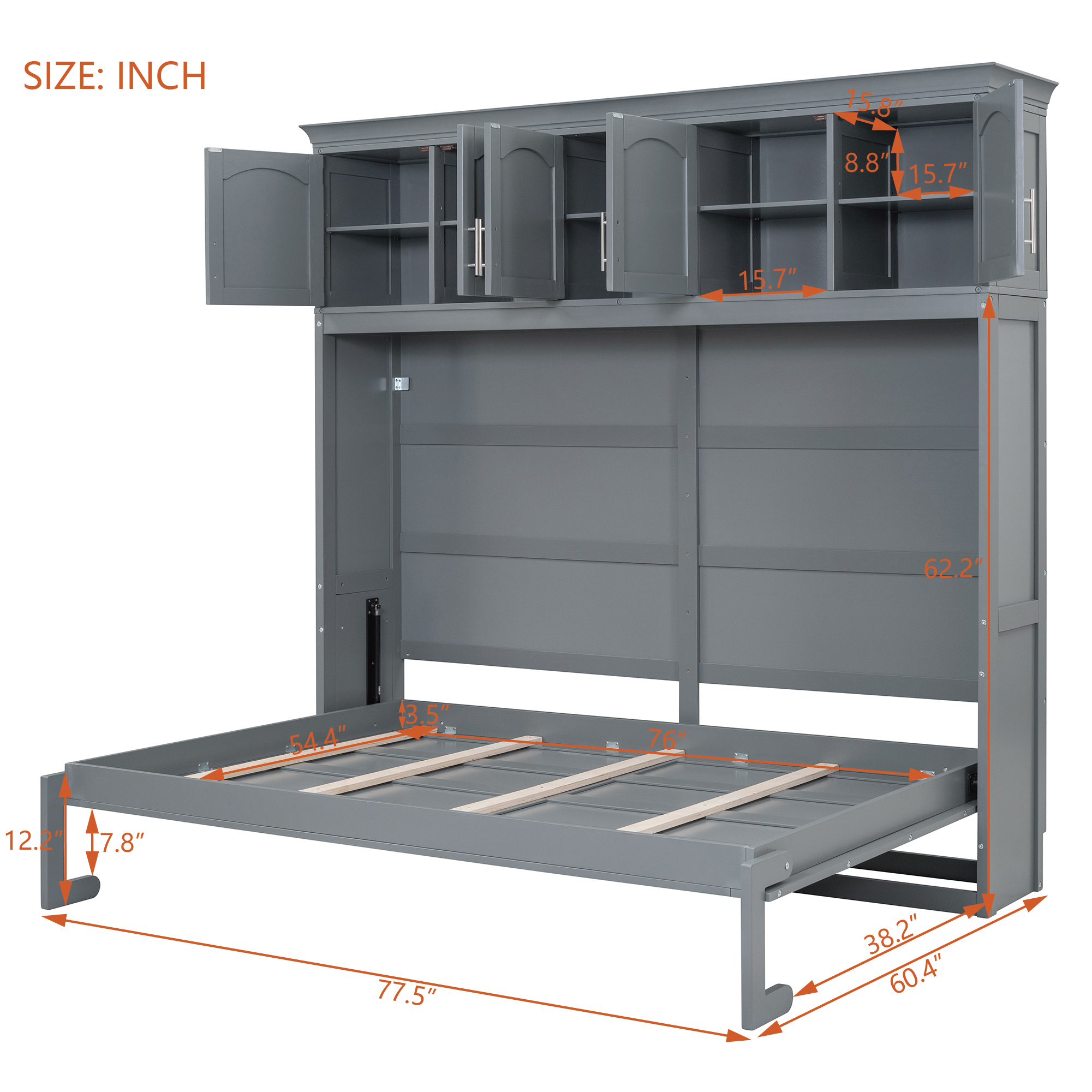 Full Size Murphy Bed Wall Bed with Top Cabinets,Gray - Image 6