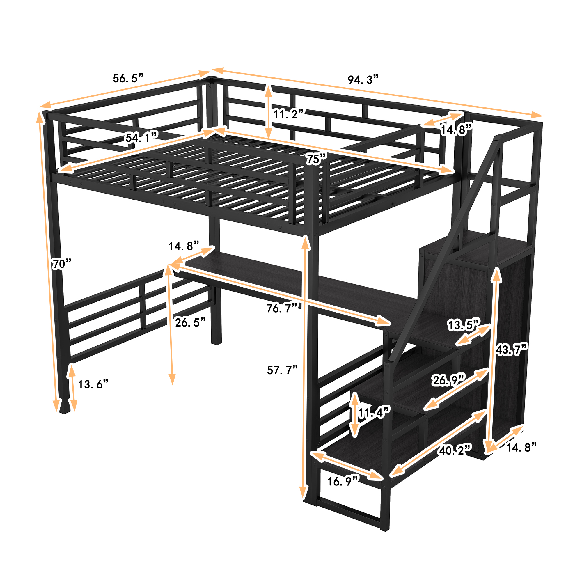 Full Size Metal Loft Bed with Desk, Storage Staircase and Small Wardrobe, Storage stairs can be installed left and right,Black - Image 2