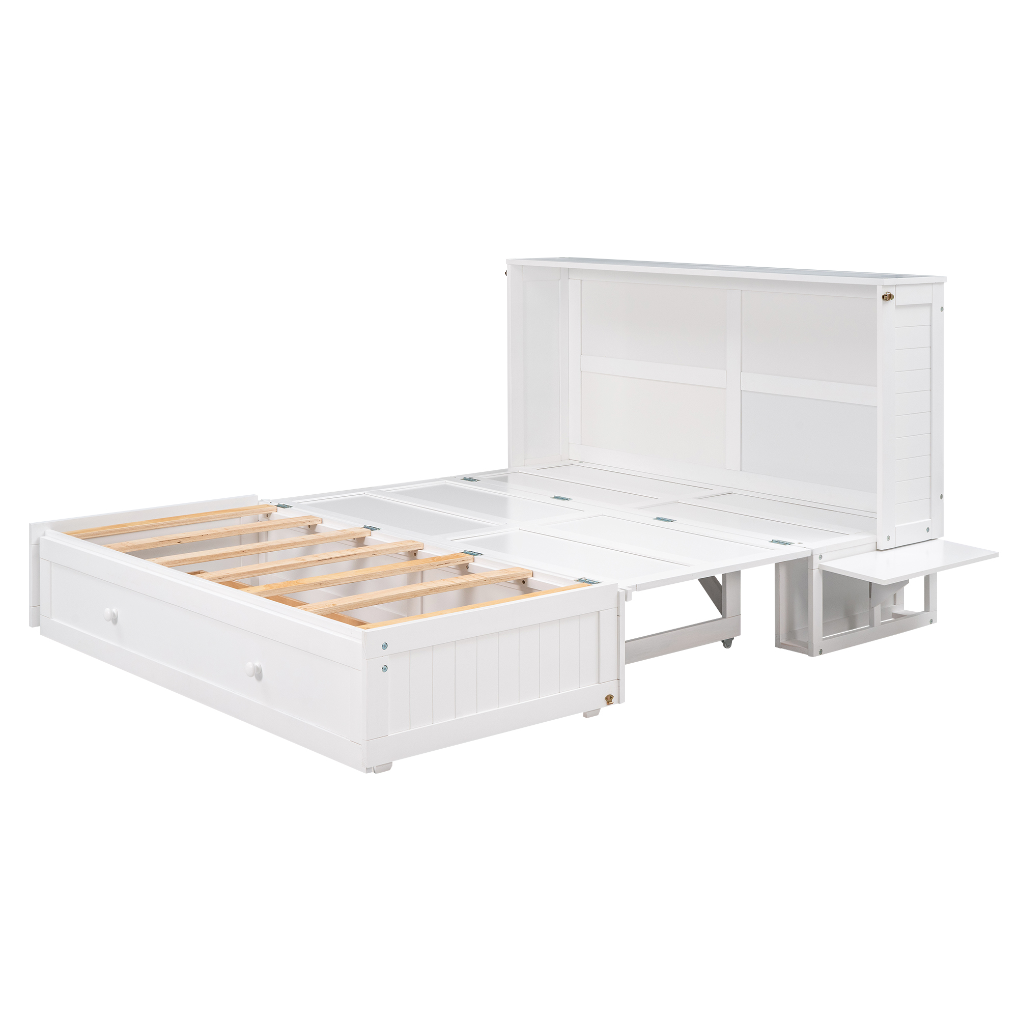 Queen Size Mobile Murphy Bed with Drawer and Little Shelves on Each Side White - Image 14