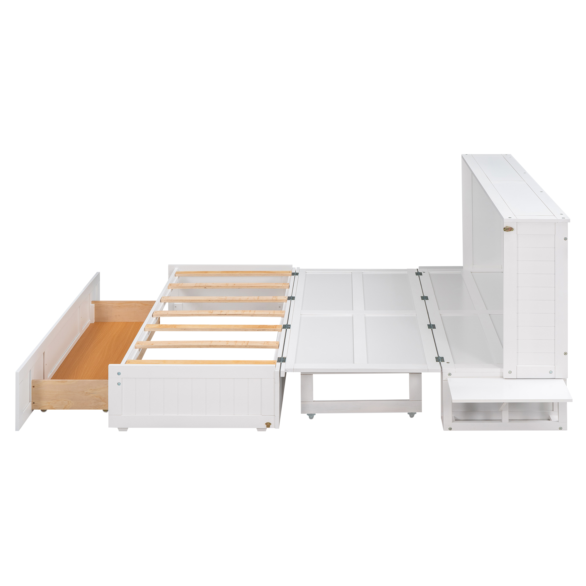 Queen Size Mobile Murphy Bed with Drawer and Little Shelves on Each Side White - Image 20