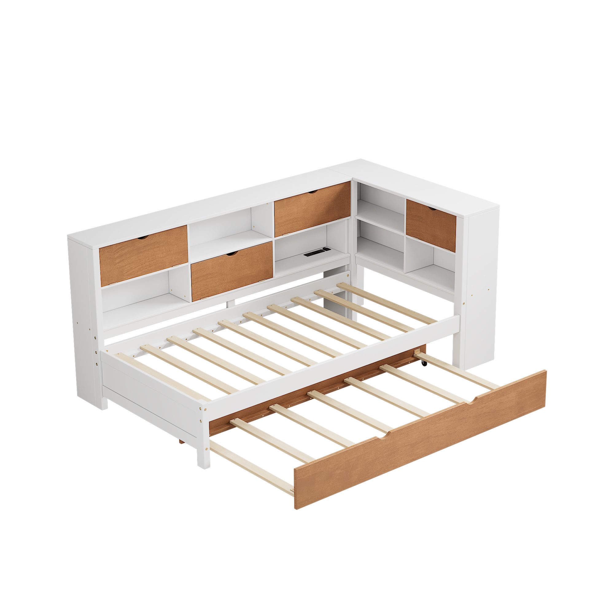 L-shaped bed frame with luggage and bookshelf, corner bed wooden captain's bed LED tube light and USB port walnut and white - Image 8