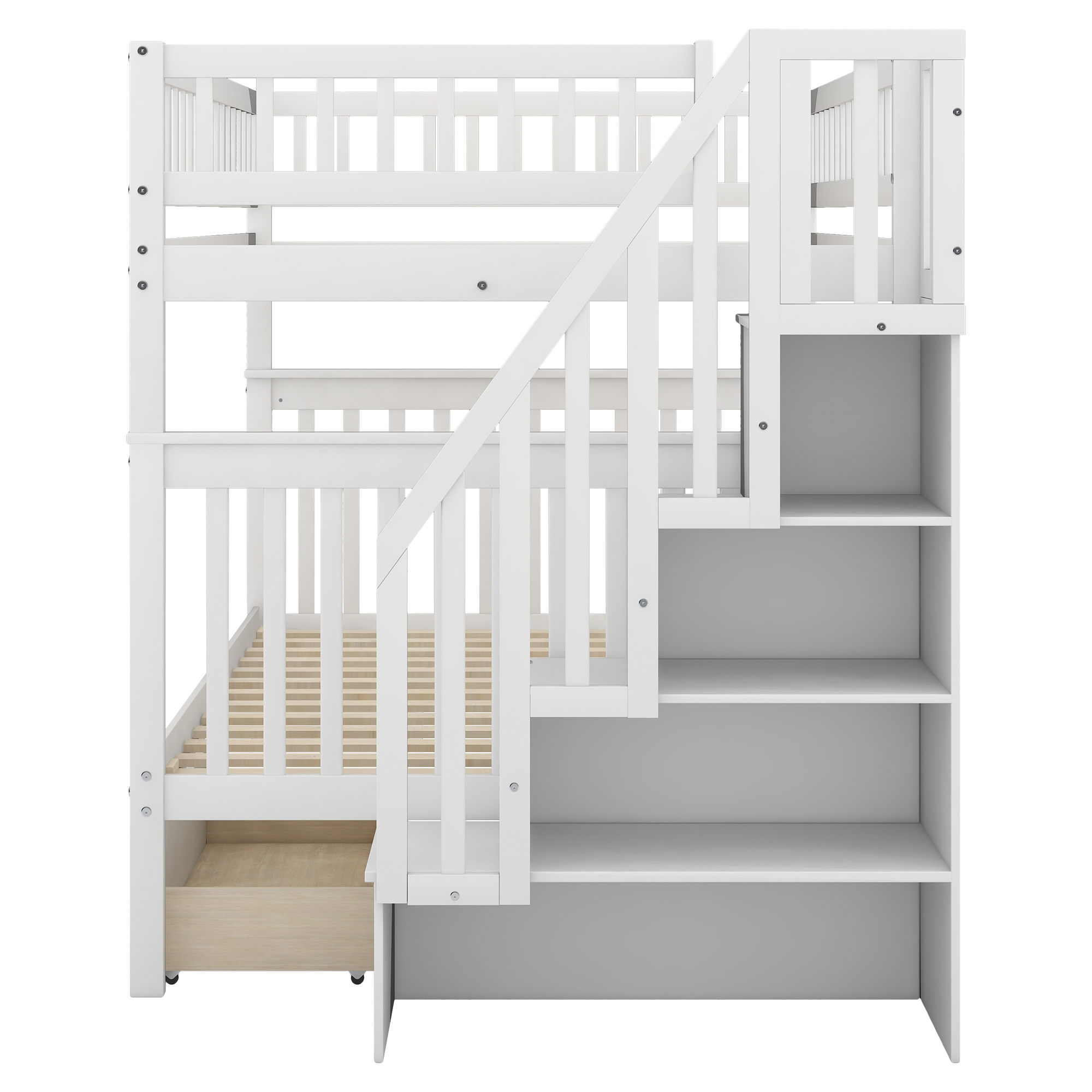 Full over Full Bunk Bed with Two Drawers and Storage White - Image 9
