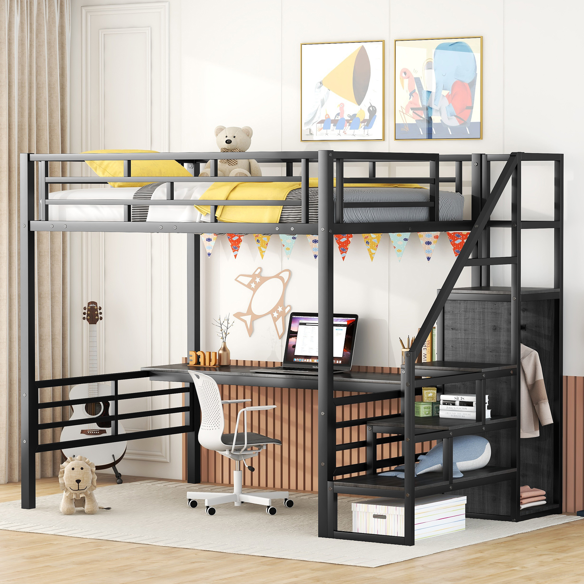 Full Size Metal Loft Bed with Desk, Storage Staircase and Small Wardrobe, Storage stairs can be installed left and right,Black - Image 3