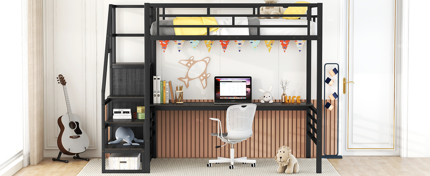 Full Size Metal Loft Bed with Desk, Storage Staircase and Small Wardrobe, Storage stairs can be installed left and right,Black - Image 18